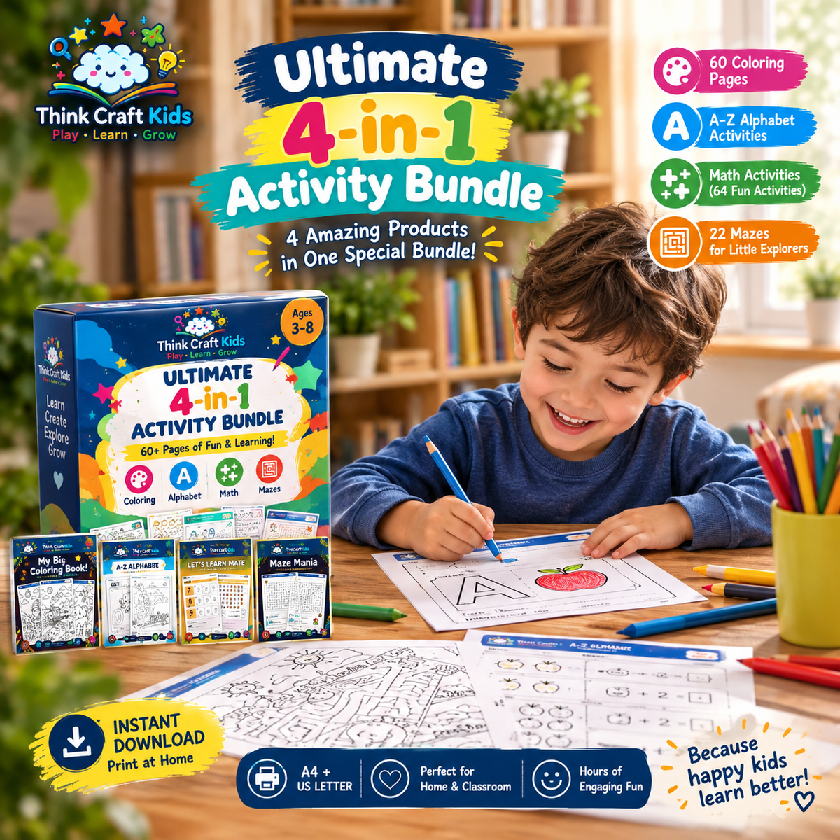 Ultimate 4-in-1 Kids Activity Bundle | Coloring, Alphabet, Math & Mazes | Ages 3–8